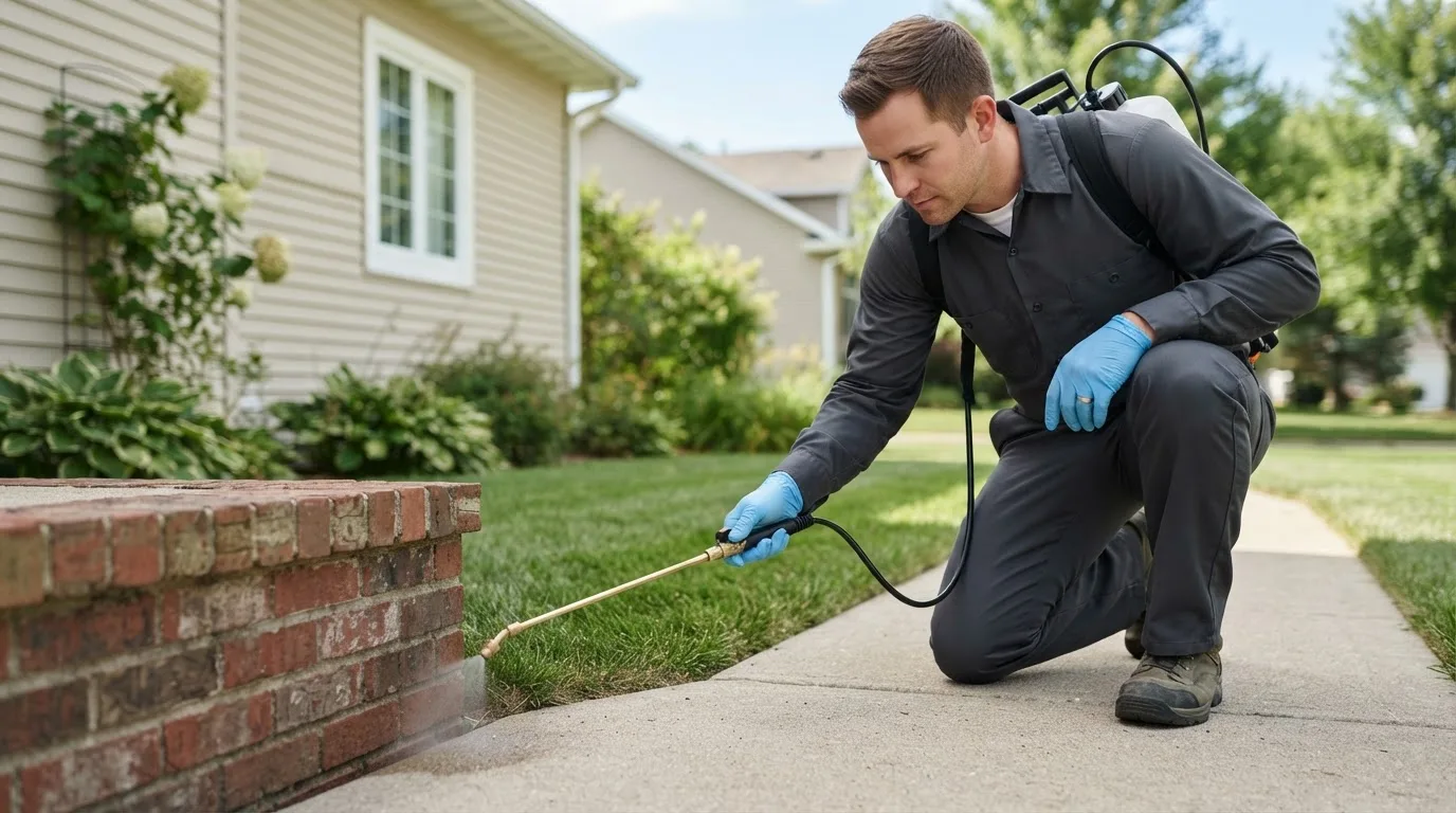 Pest control technician treating a home near Longford, KS