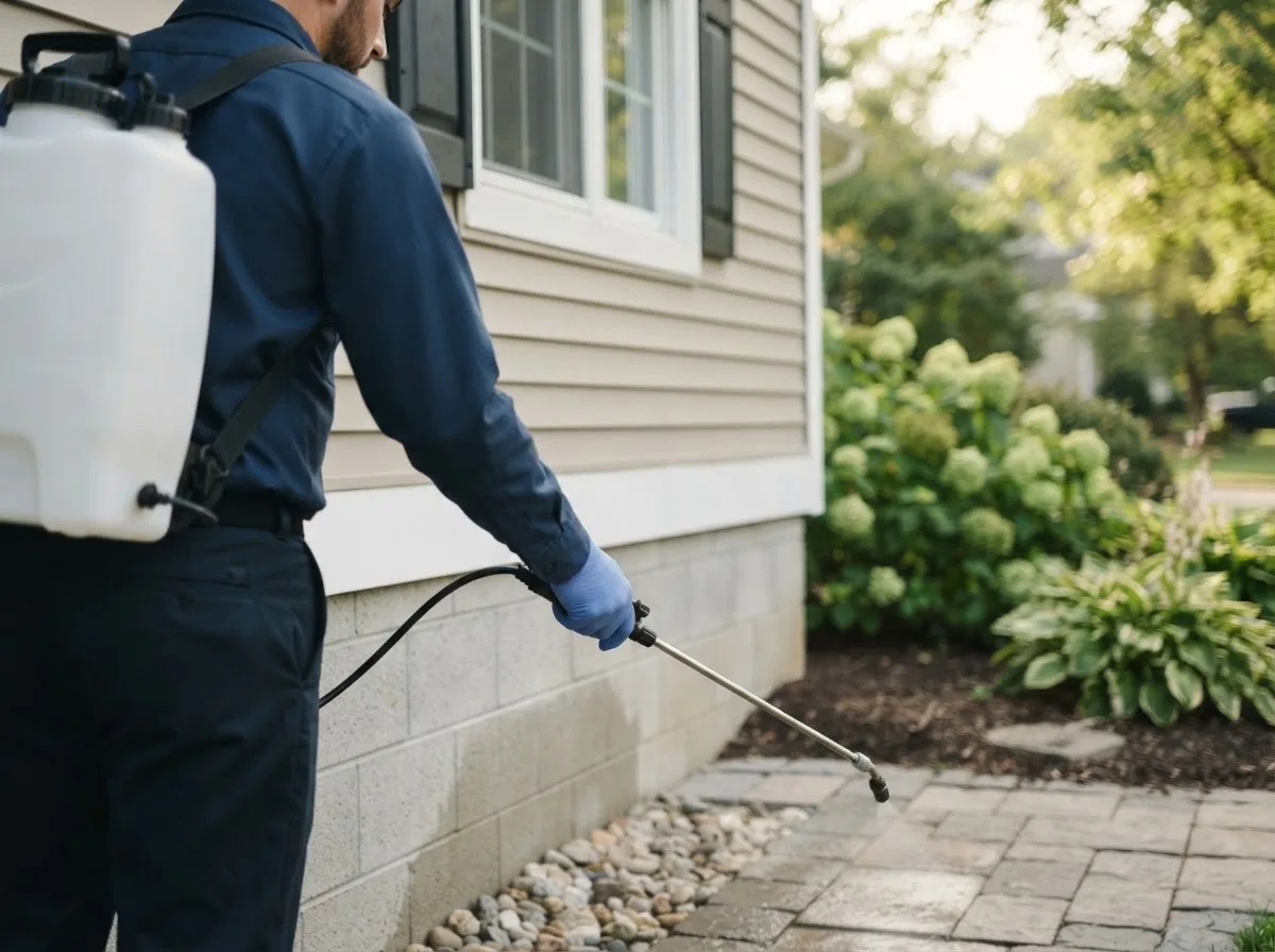 Pest control technician inspecting a home in Longford, KS